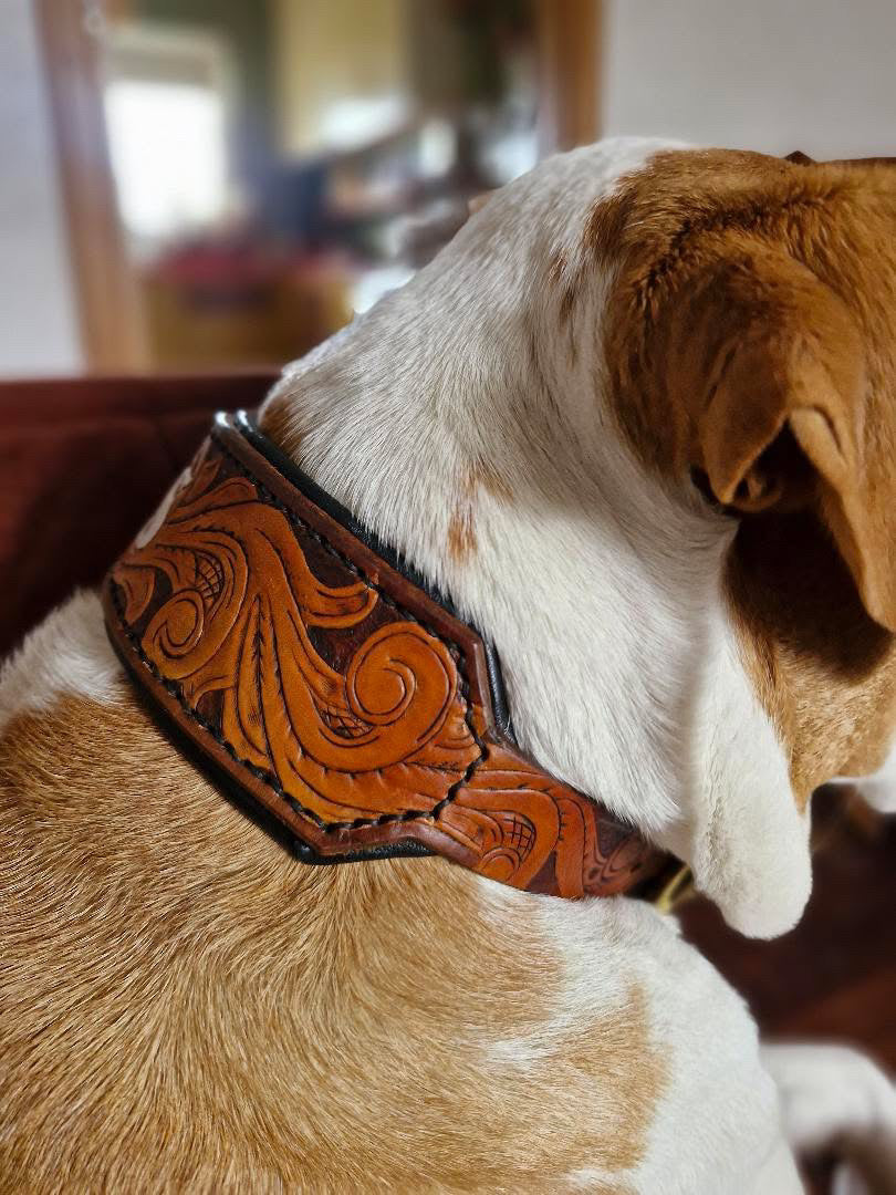COWBOY - Western Themed Tooled Leather Dog Collar
