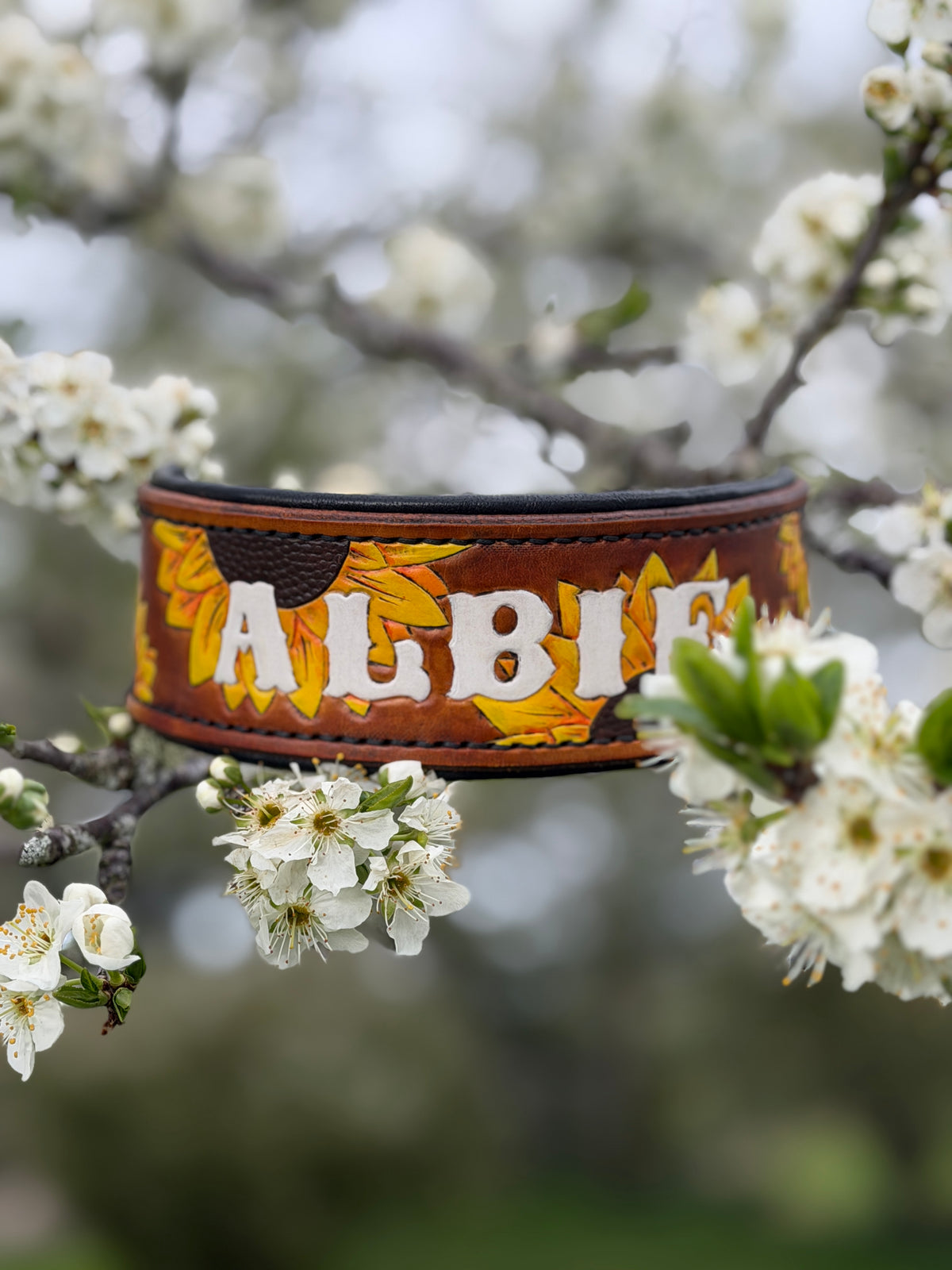 SUNNY - Sunflower Themed Tooled Leather Dog Collar