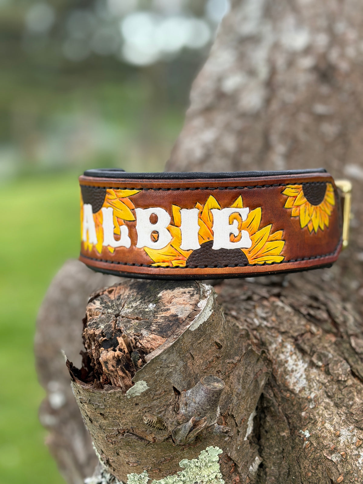 SUNNY - Sunflower Themed Tooled Leather Dog Collar