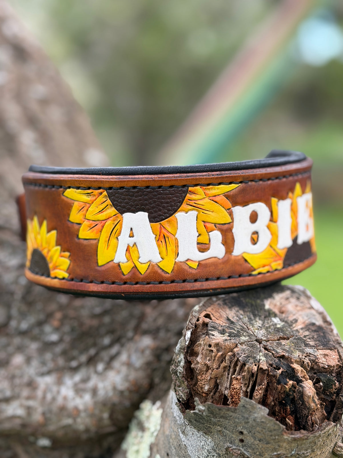 SUNNY - Sunflower Themed Tooled Leather Dog Collar