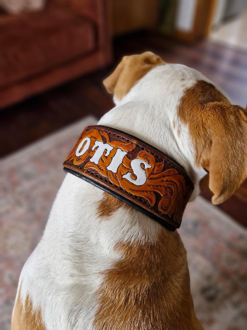 COWBOY - Western Themed Tooled Leather Dog Collar
