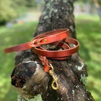 Brown leather dog leash with brass hardware