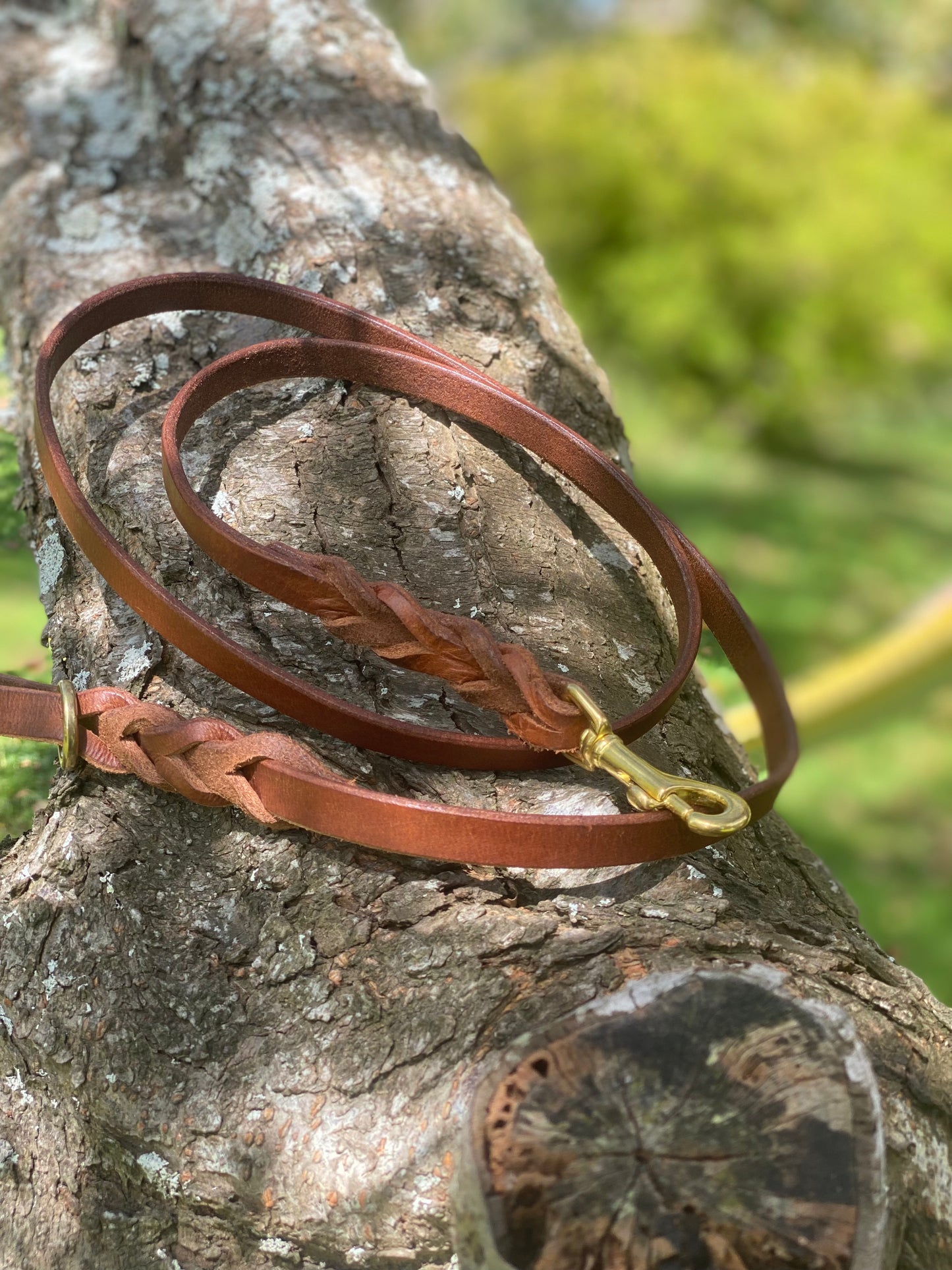 Braided Leather Snap Leash - 5ft Tan & Brass