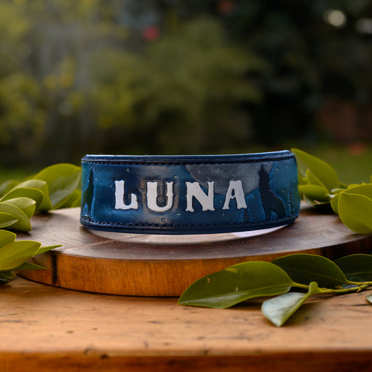 LUNA - Night Sky Themed Tooled Leather Dog Collar