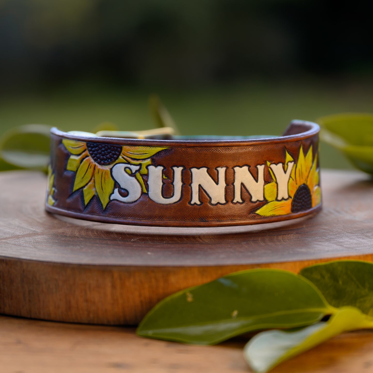 SUNNY - Sunflower Themed Tooled Leather Dog Collar
