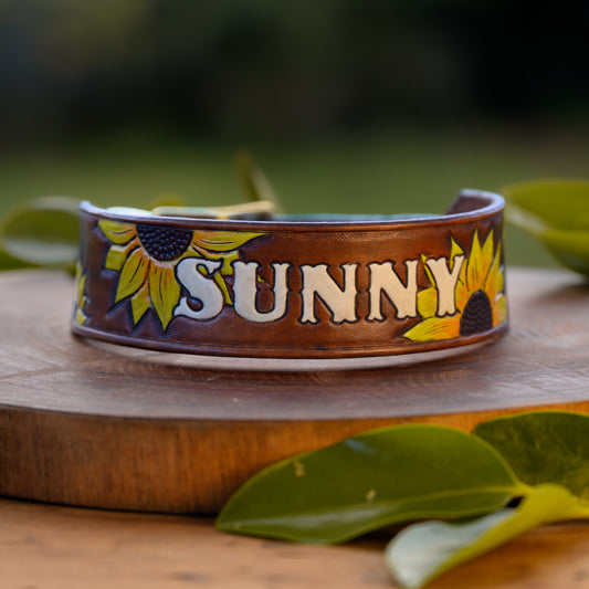 SUNNY - Sunflower Themed Tooled Leather Dog Collar