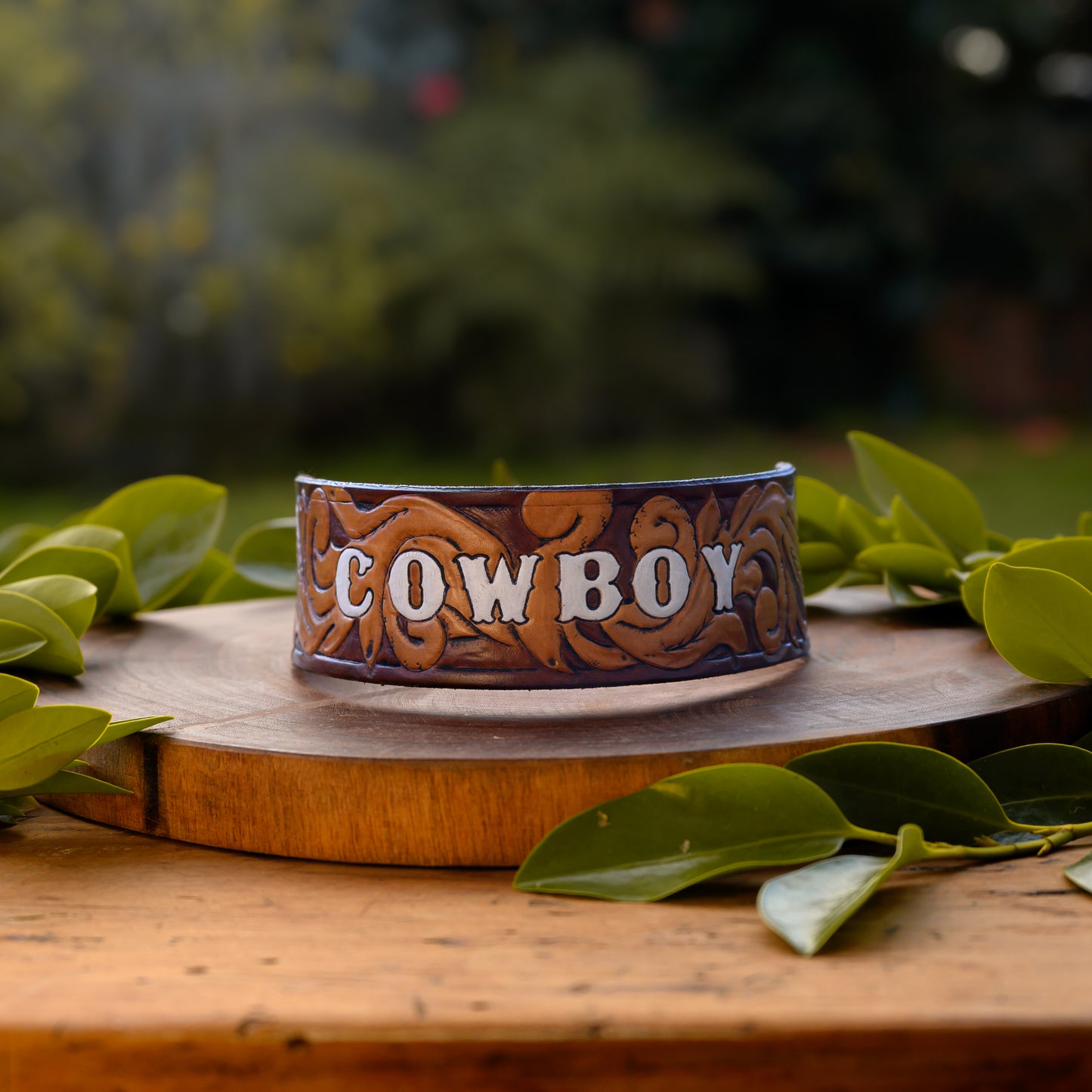 COWBOY - Western Themed Tooled Leather Dog Collar