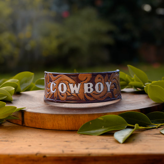 COWBOY - Western Themed Tooled Leather Dog Collar