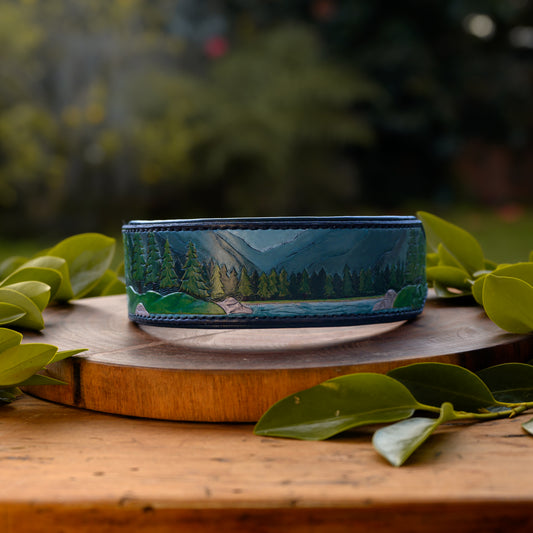 FORREST - Mountain Landscape Themed Tooled Leather Dog Collar