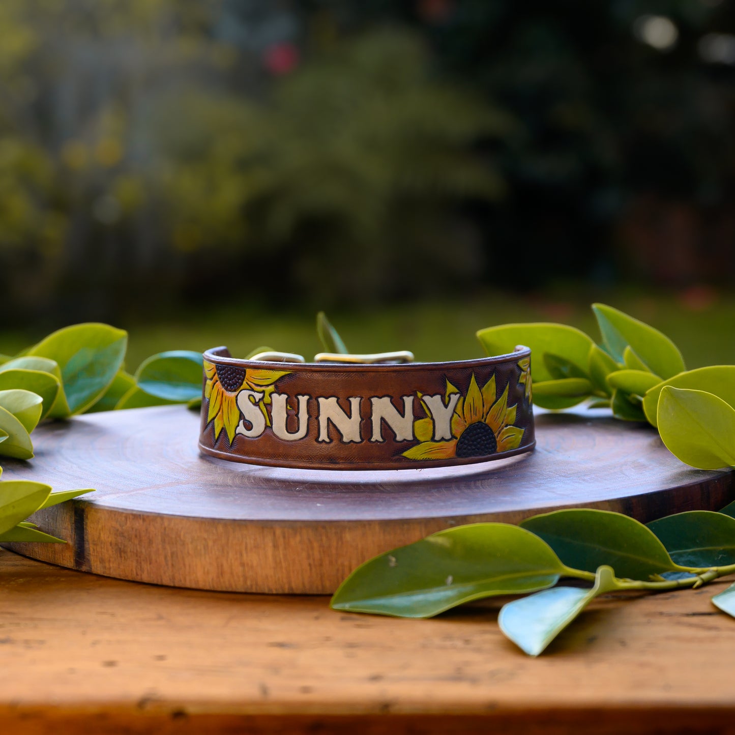 SUNNY - Sunflower Themed Tooled Leather Dog Collar