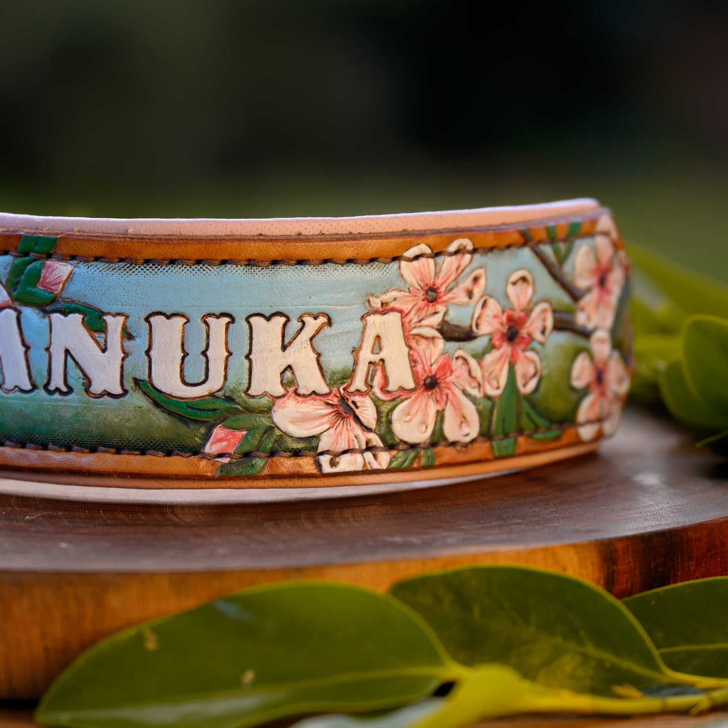 MANUKA - Manuka Flower Themed Tooled Leather Dog Collar