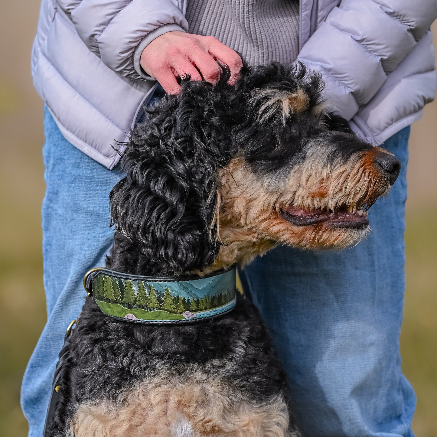 A close-up lifestyle shot of a person petting a black and tan dog wearing a custom landscape tooled leather collar. 