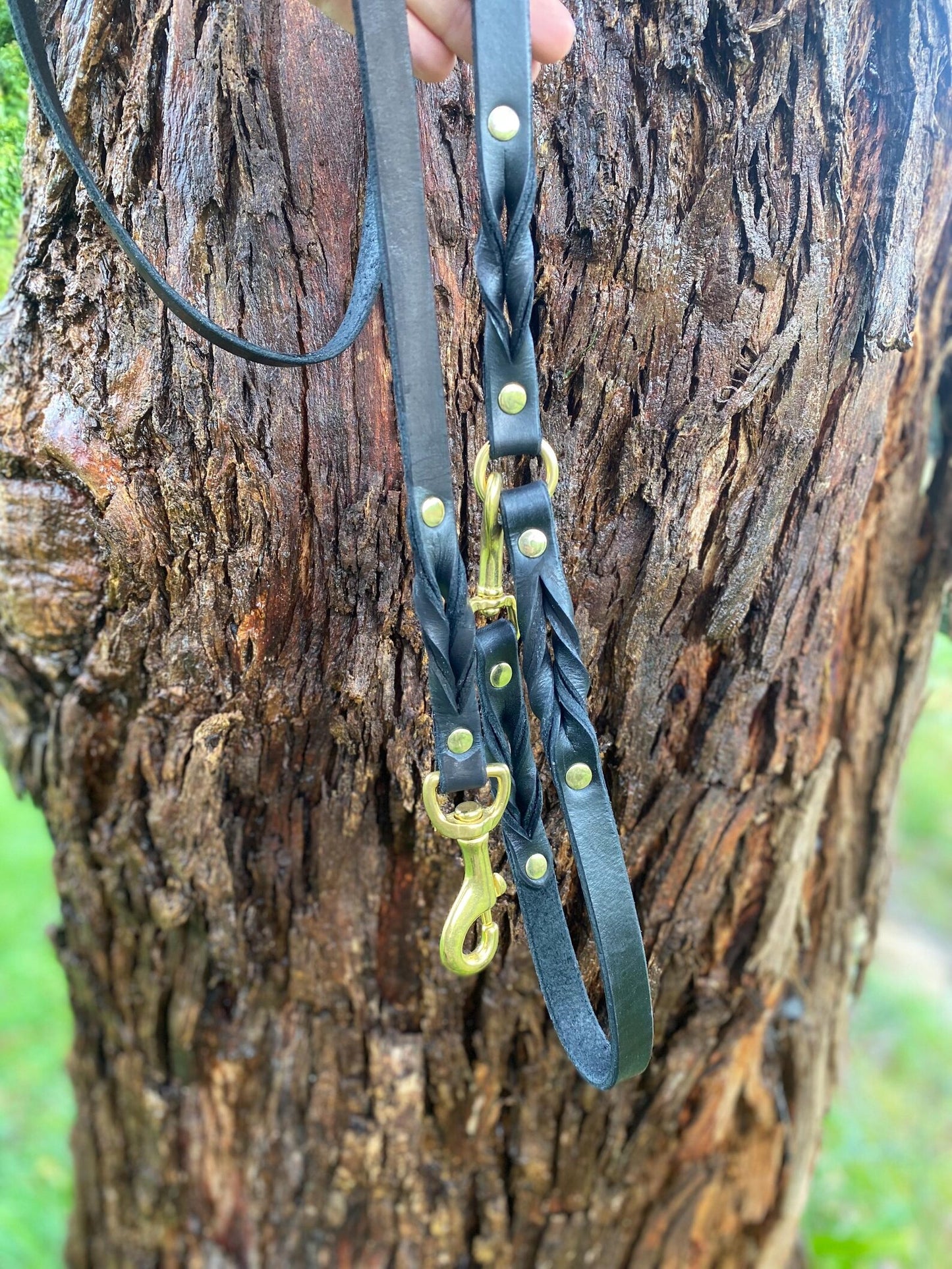 Braided Leather 5ft Black & Brass Snap Leash