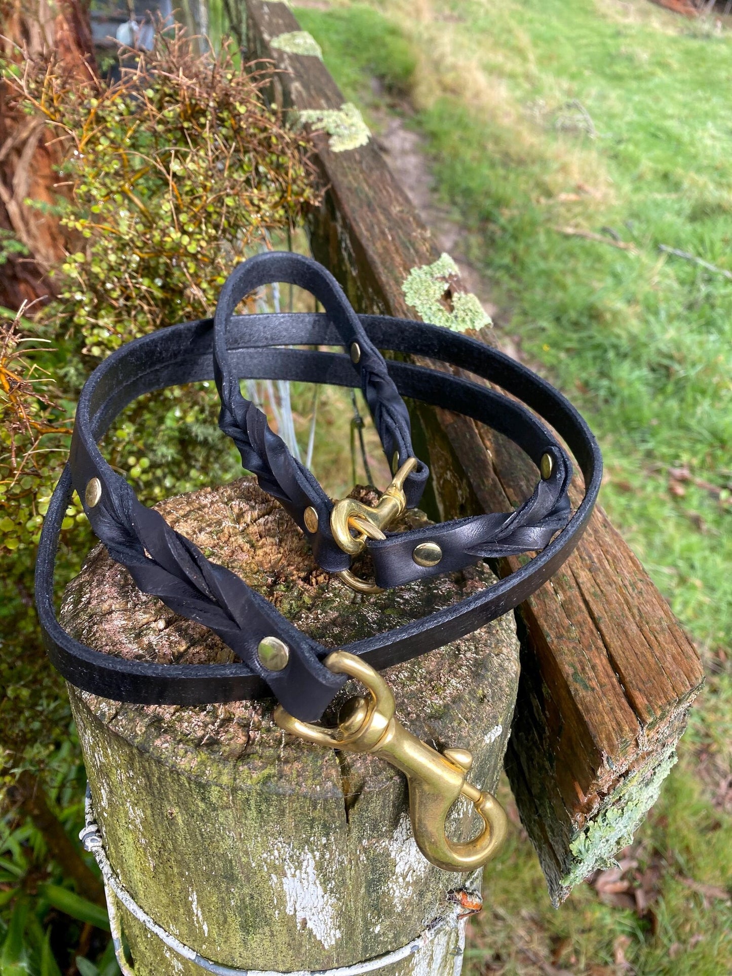 Braided Leather 5ft Black & Brass Snap Leash
